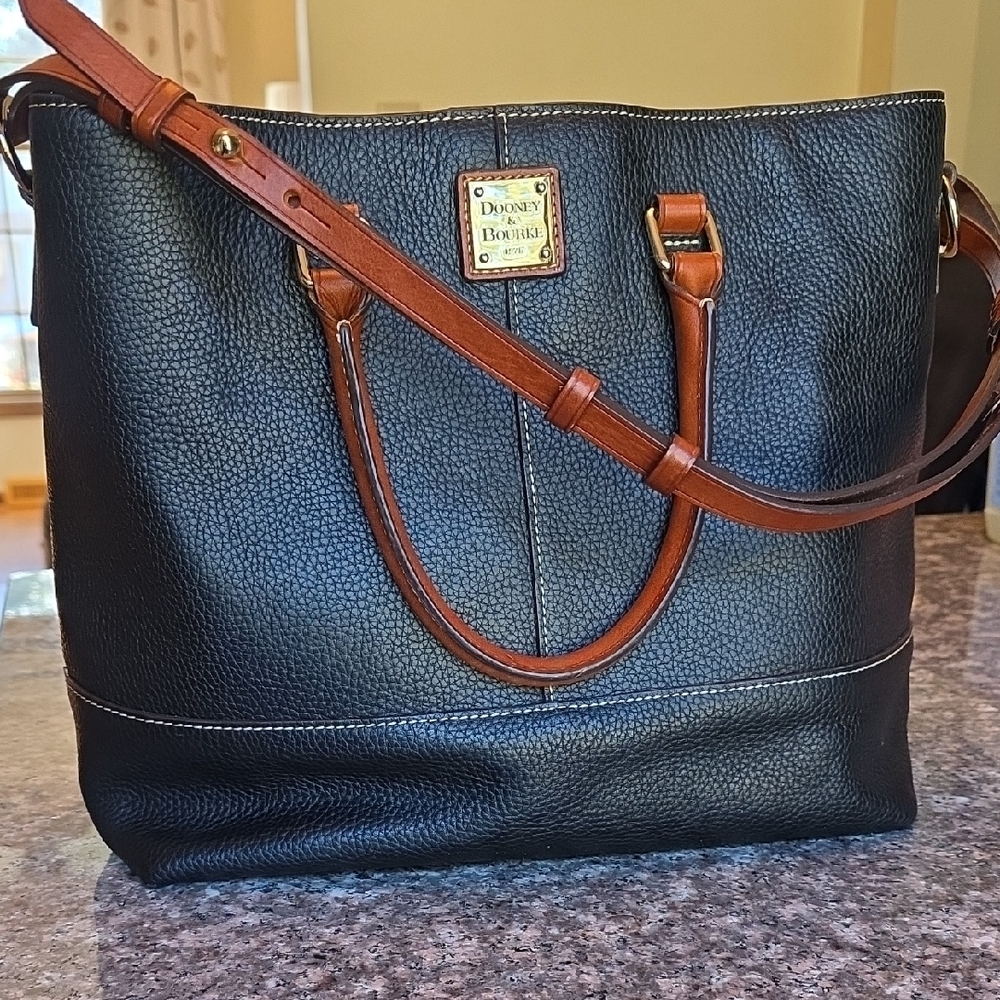 Dooney & Bourke Black Leather Tote with Brown Trim